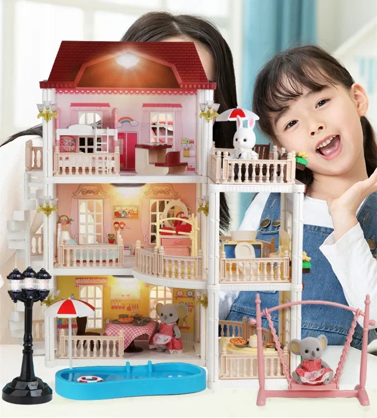 

High Quality LED Lights DIY Handmade Luxury holiday villas koala swing Princess castle Play house Interactive Toy baby best gift