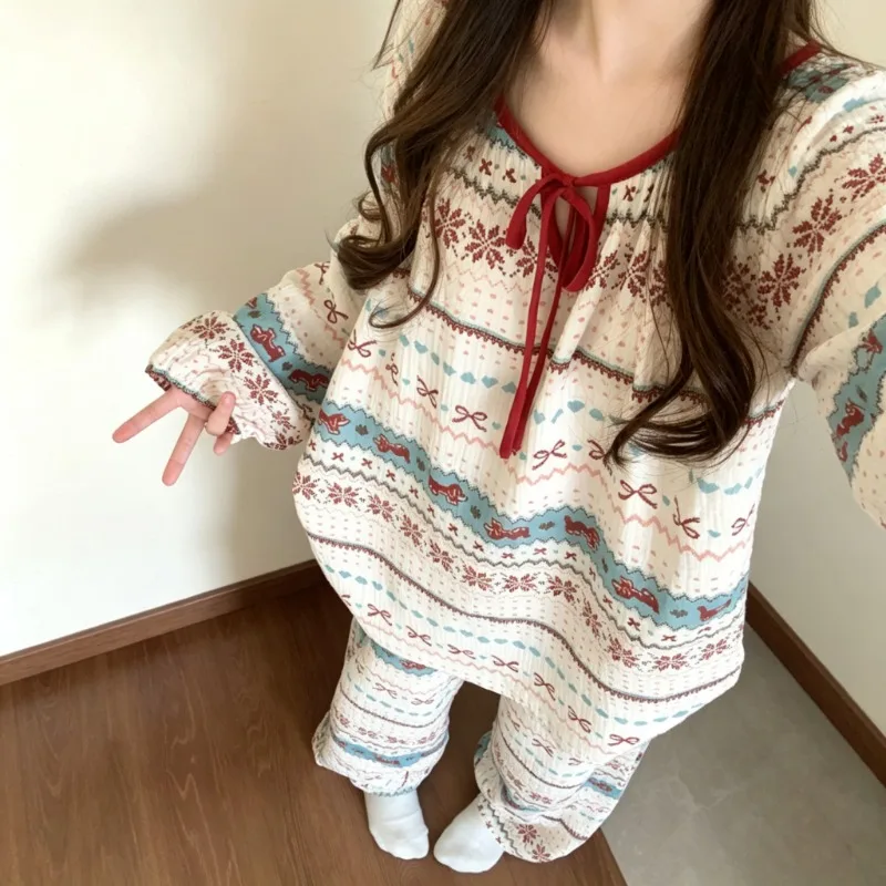 Damen Herbst Frühling Schleife Hund Gestreift Mehrfarbiges Muster Schlafanzug Set Langarm 2-teiliger Pyjama Loungewear Kawaii Niedlicher Druck für Zuhause