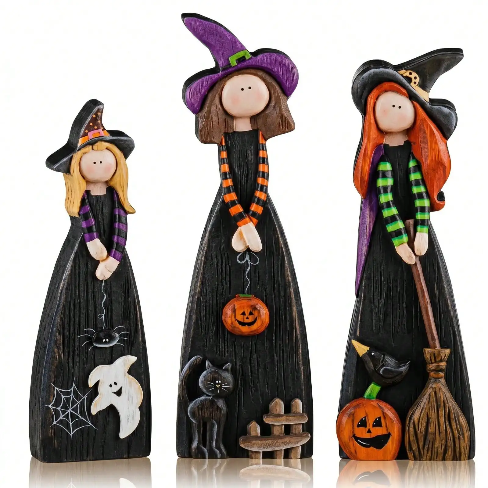 3-teiliges Halloween-Hexen-Tischdekorationsset, schwarz, lila, grün und orange, niedliche Holzdekoration, Hexenfiguren im Landhausstil mit Besen, Kürbis, schwarzer Katze und Geist, geeignet für den Innenbereich, Kamine – Detail 3