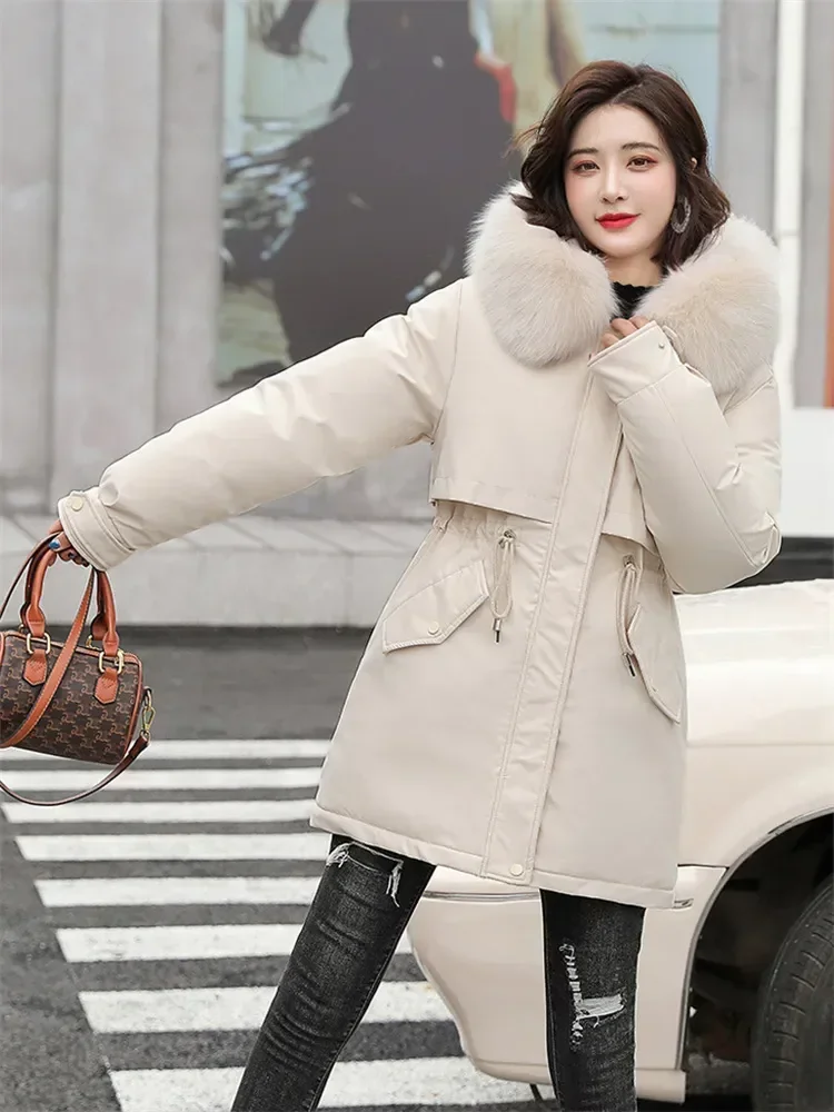 Winter Coat Low Price On Sale Women Beige Add Wool Thick Warmth Fur Hooded Parkas Jacket 2026 New Fashion Belt Slim Cotton Coat