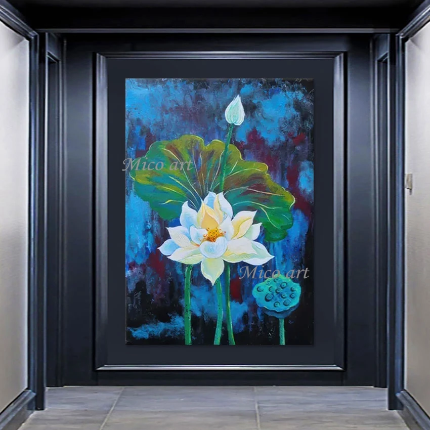 Abstract Lotus Textured Canvas Handmade Artwork Acrylic Design Wall Picture, Modern Plant Scenery Artistic Impressions Paintings