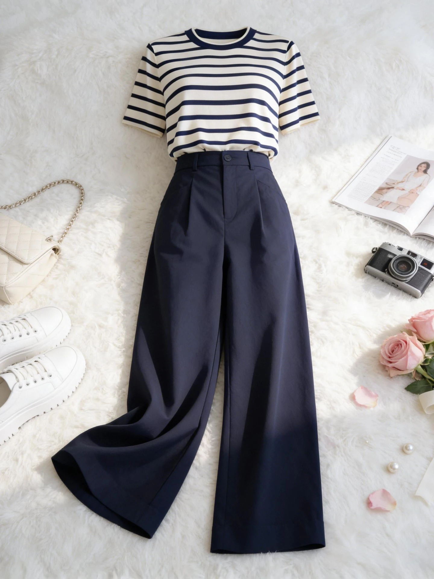 2026 Summer New plus Size Slimming Stripe Short Sleeve T-Shirt Wide Leg Pants Two Piece Set Women's Fashion Casual Outfit