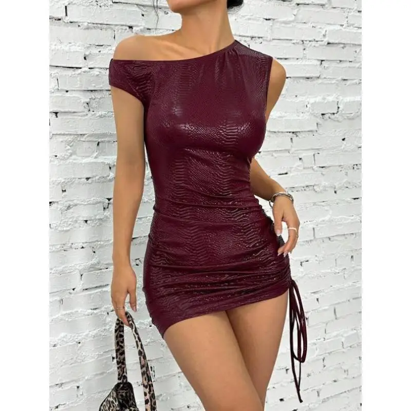 

Red PU Animal Print Dr Single oulder Cross-Border New Sle Casual Sport Suit Seven Sve Length Autumn Season