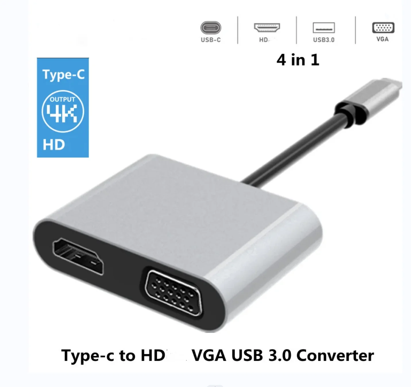 4K Type-C to HD-compatible VGA USB 3.0 Hub Adapter for MacBook Pro Air Huawei Matebook P30/P20 Lenovo/Xiaomi Notebook