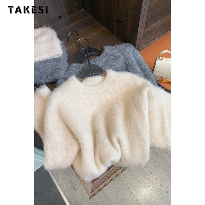 2024 Winter Casual Y2K Knitting Long Sleeve Basics Cashmere Pullovers Fuury Women Fashion Solid Color O-neck Ladies Sweater