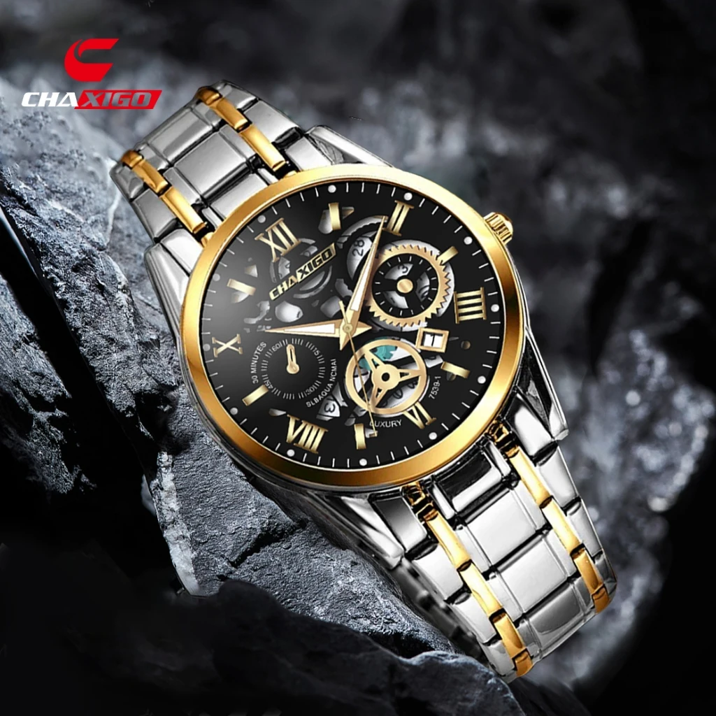 

CHAXIGO Men's Classic Stainless Steel Watch, 3ATM Water Resistant Luminous Dial, Steel Strap, Business Quartz Watch