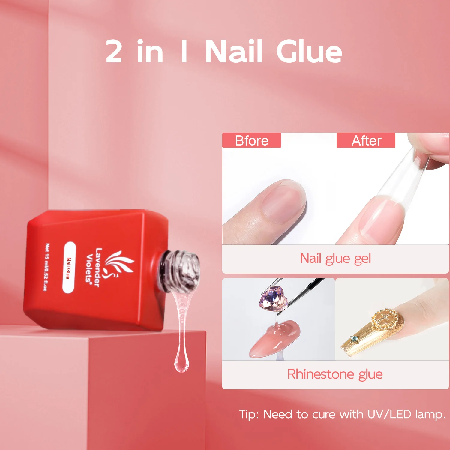 ネイルエクステンション用ジェルグルー,超強力,ランプを浸す,必要な硬化,偽のネイル,プレス,15ml