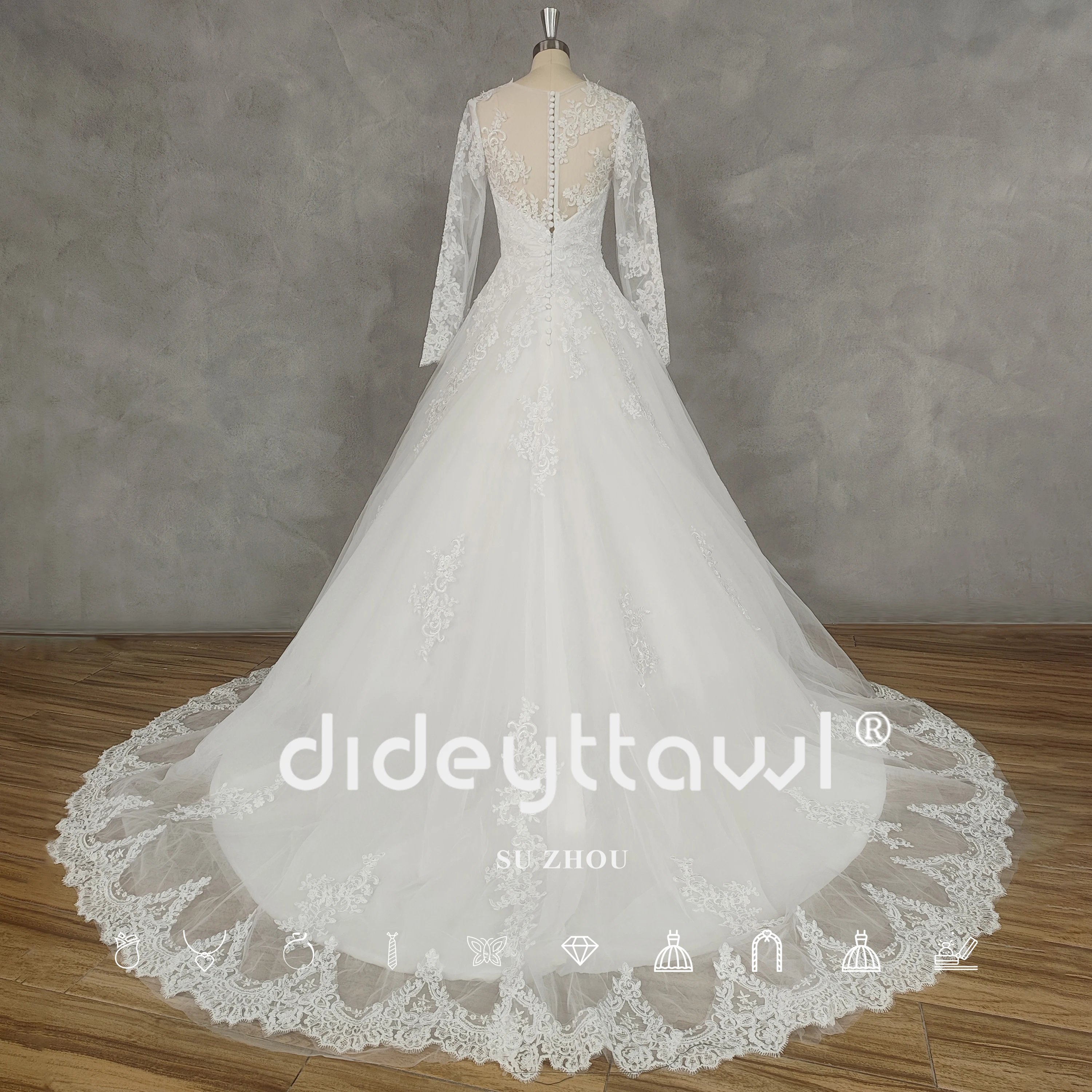 DIDEYTTAWL Customized Real Picture Sweetheart Long Sleeves A-Line Wedding Dress Illusion Tulle Applique Button Back Bridal Gown