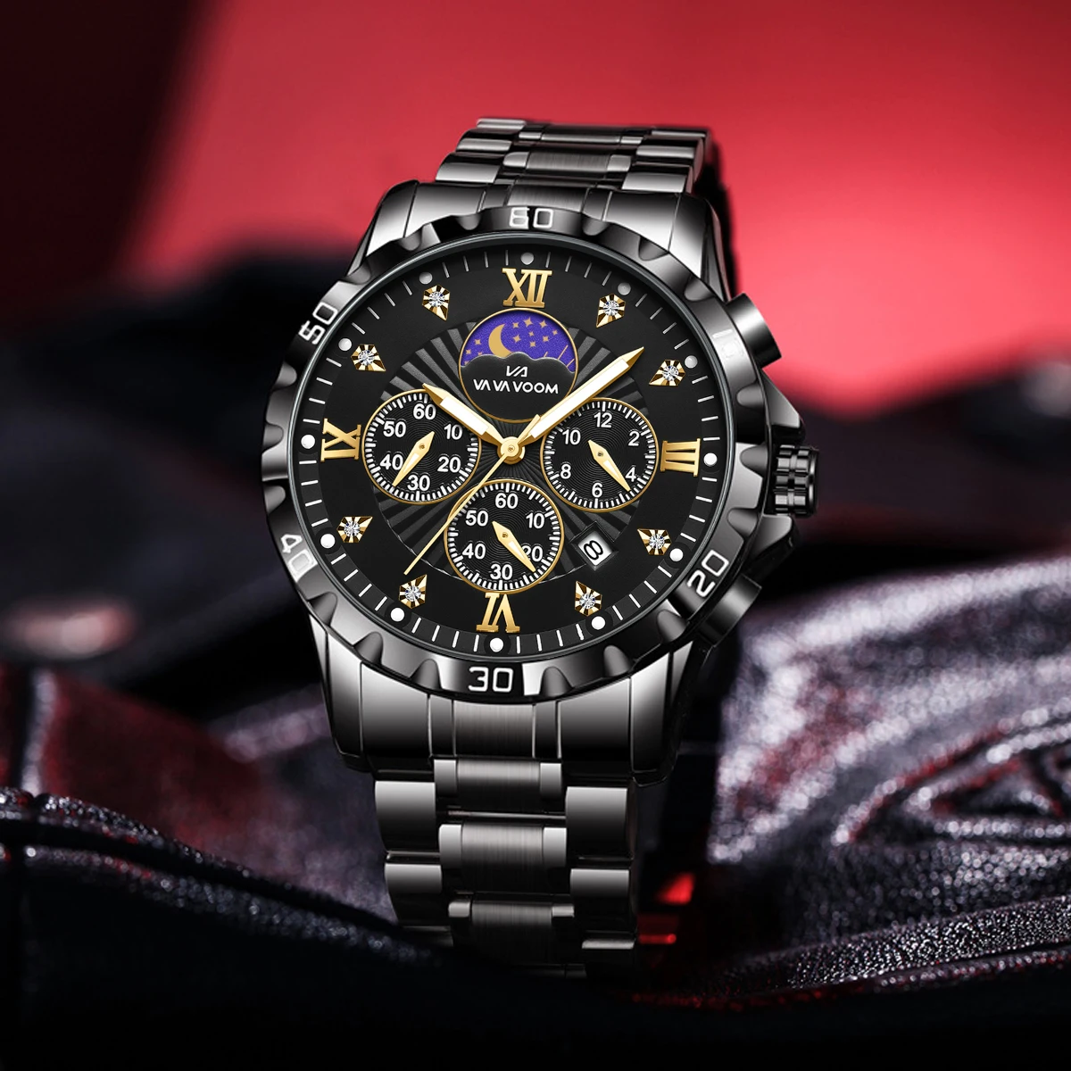 

VA VA VOOM 2772 Модные мужские многофункциональные кварцевые часы с автоматической датой, хронографом и фазой Луны, стальной ремень, деловые часы для мужчин