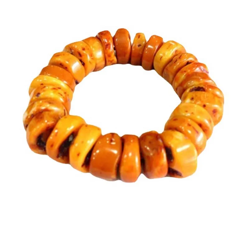 Natural Amber Beeswax Bracelet, Chicken Fat Yellow Old Beeswax, Tibetan Button & Flat Bead Stretch Bracelet