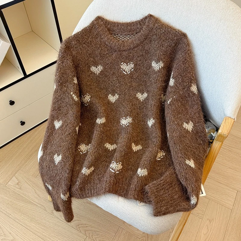 

Seoulish жаккардовый женский свитер в форме сердца, новинка 2025, зима, повседневные вязаные пуловеры с длинными рукавами и круглым вырезом, топы для женщин