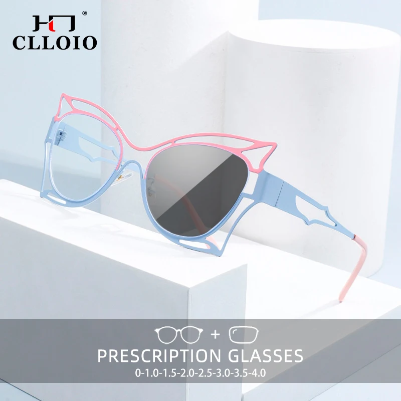 

CLLOIO Women Butterfly Cat Eye Reading Glasses Two-Tone Colorful Myopia Anti-blue Ray Glasses Photochromic Prescription Glasses