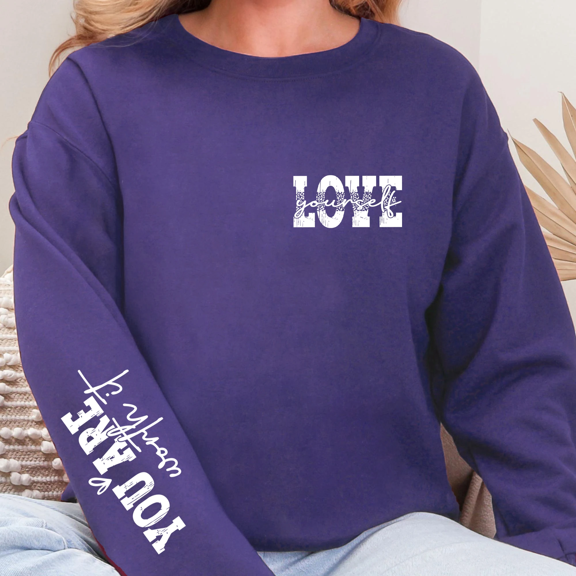 Creative Love Yourself Text Design Pullover Woman Comfy Fleece Sweatshirt O-Neck Autumn Streetwear Harajuku Loose Sweatshirts