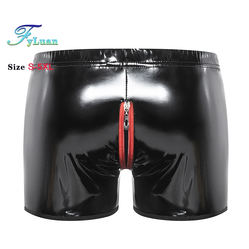 

New Plus S-5XL Shiny Black Faux PU Leather Zipper Open Crotch Shorts Mens Boxer Briefs Tights Wet Look Zip Sexy Trunks Underwear