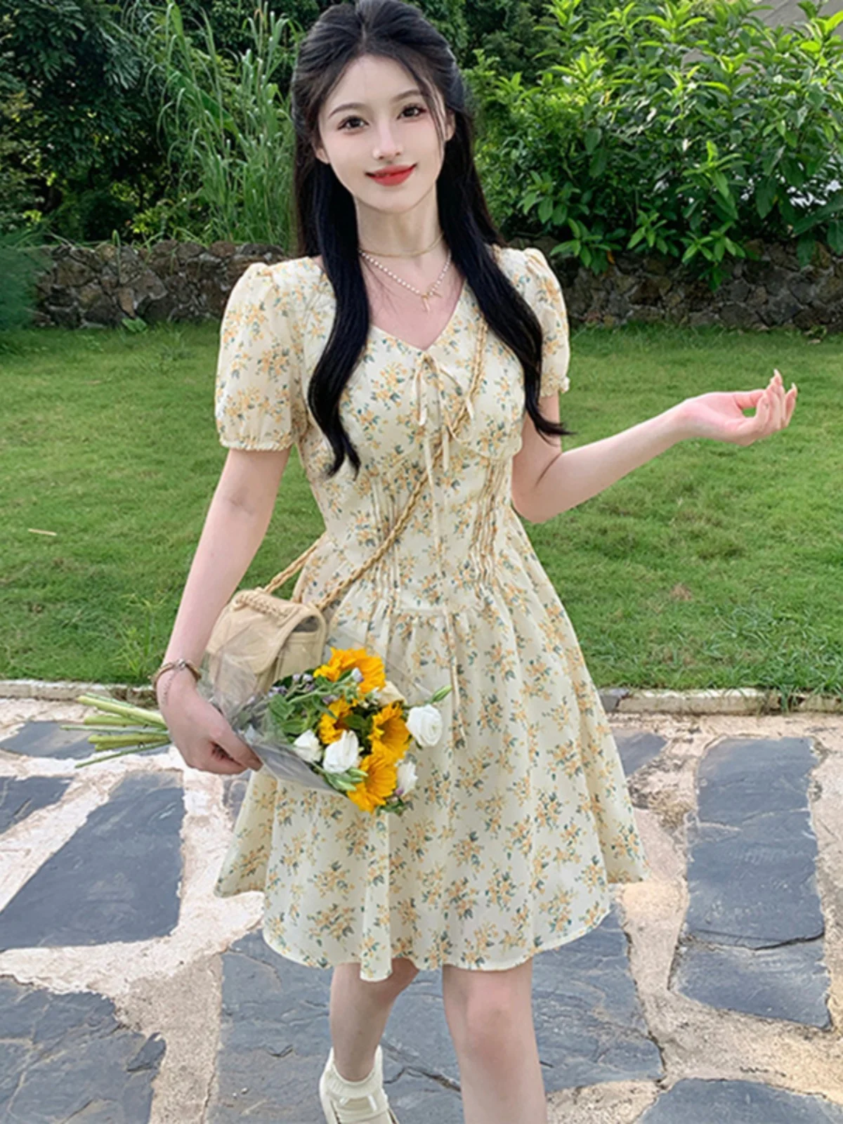 

plus Size Floral Print Summer Dr Slimming Waist High Waist A-Line Skirt ort Sve V-Ne Chiffon Fabric Korean Sle