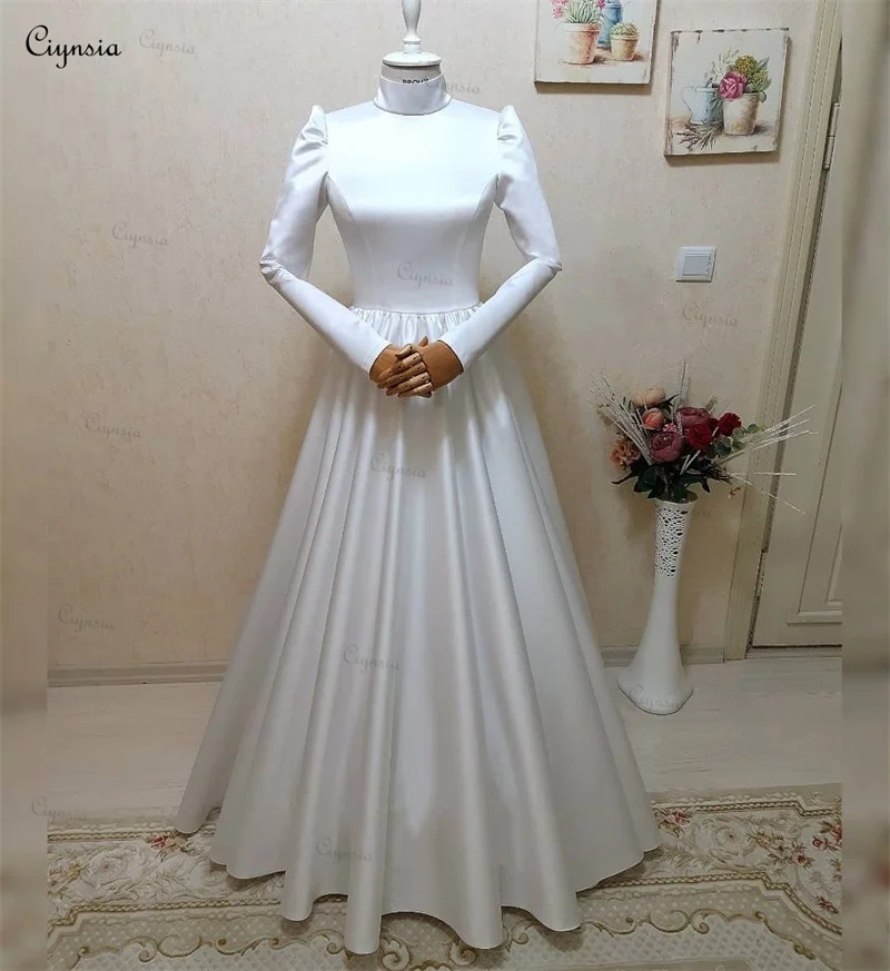 Ciynsia-vestidos de noiva muçulmanos, mangas compridas, vestido de casamento com véus, cetim, linha A, noiva simples para vestir, 2024