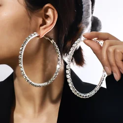 Shiny Big Rhinestone Hoop Earrings for Women Statement Exaggerated Round Circle Earrings Hoop Jewelry Accessories