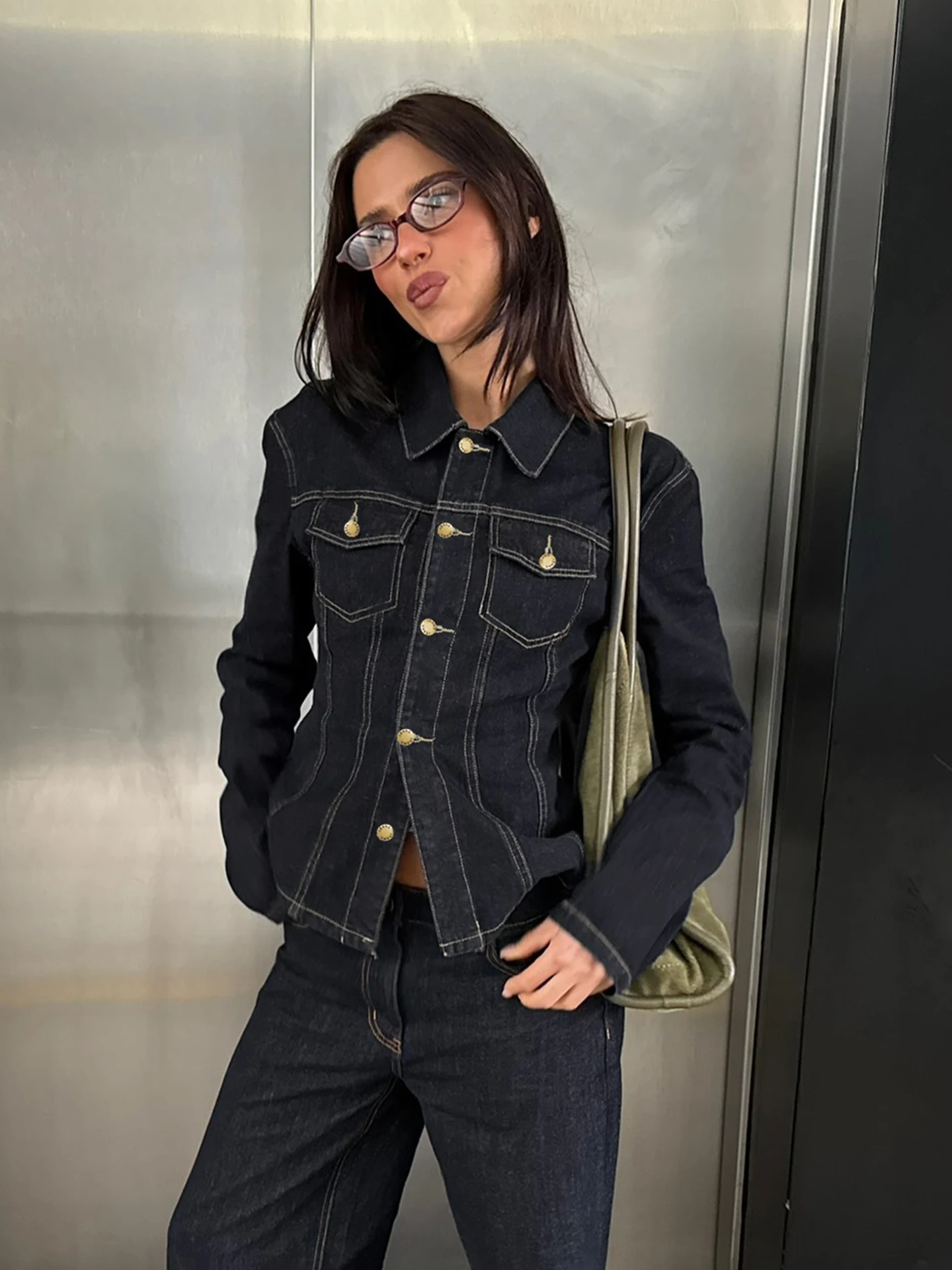 

Amyway American Retro Street Sle Ins Spicy Girl Jeans Jaet Loose Slimming Versatile Jaet Top for Women