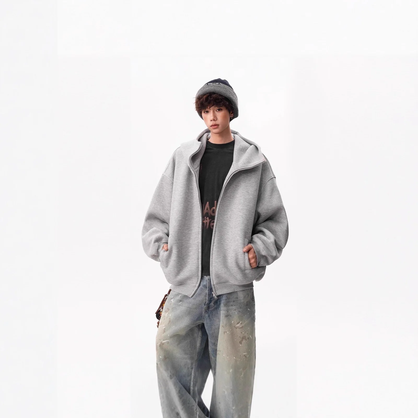 

Solid Color Cardigan Sweatshirt Men Women, Loose Thickened Sports Jacket, American Style Air Layer Hooded