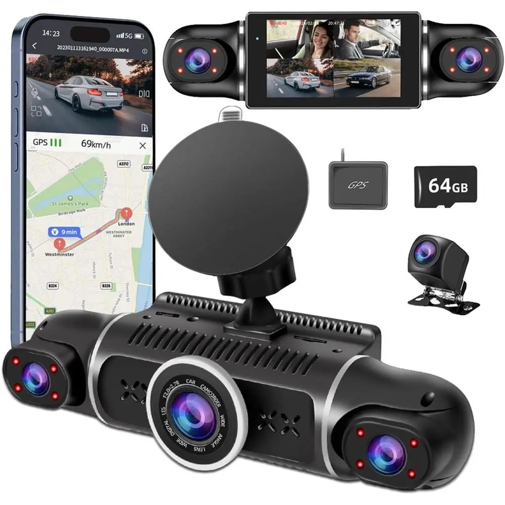 

4 Channel HD 2K+1080P Car Camera System with 170°+2x150°+170° Wide Angle, 8 IR Night Vision, GPS, APP, G-Sensor, 64GB Card, 24/7