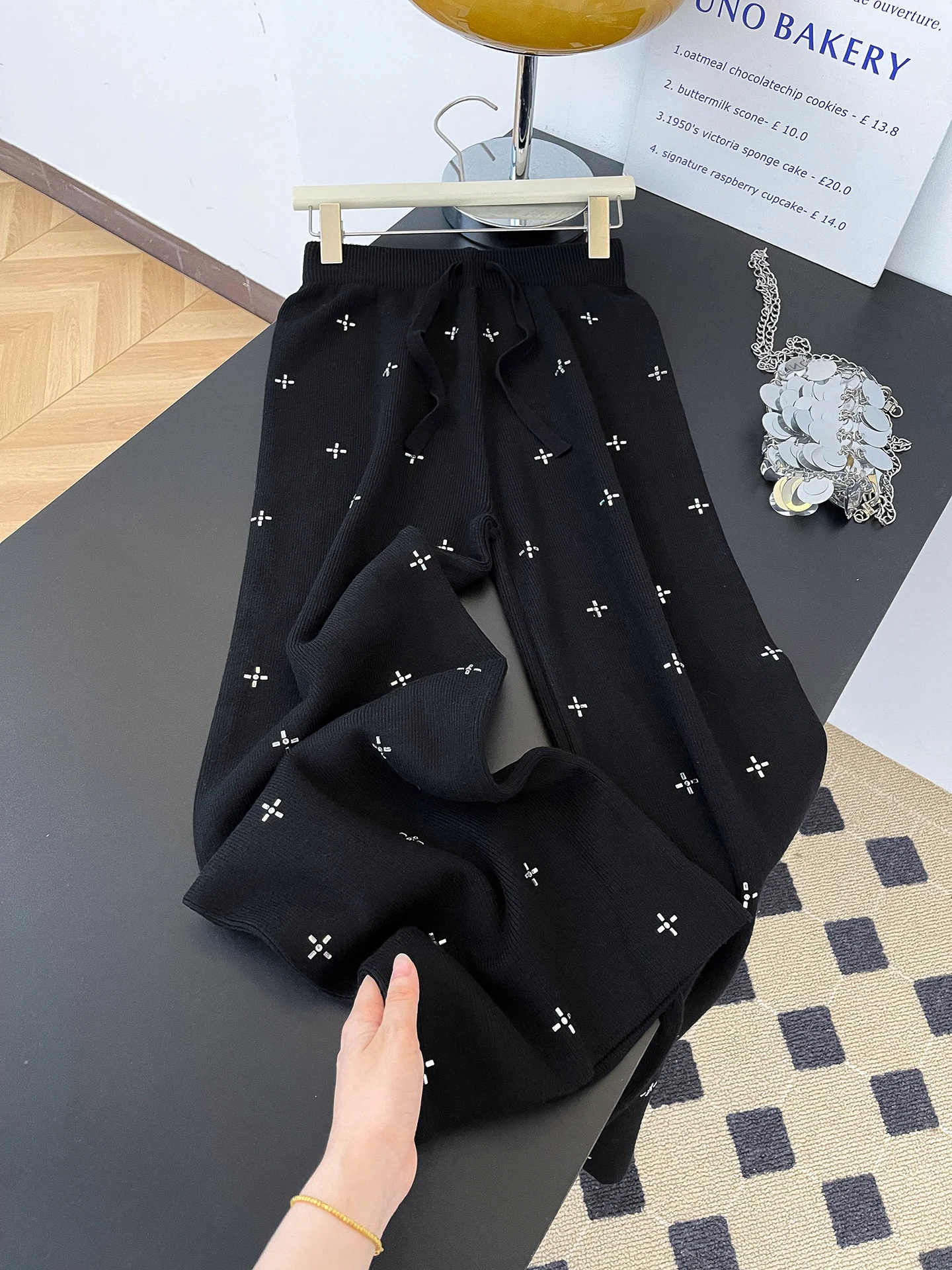 

Женские трикотажные брюки с высокой талией, широкие, свободного кроя, прямого кроя, с ромбовидной отделкой, удобные, для осени и зимы