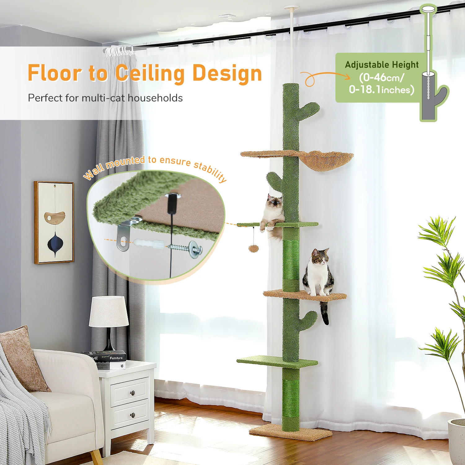 Cactus Floor to Ceiling Cat Tower with Adjustable Height(95-108 Inches), 5 Level Cat Climbing Tower with Cozy Hammock, Platforms