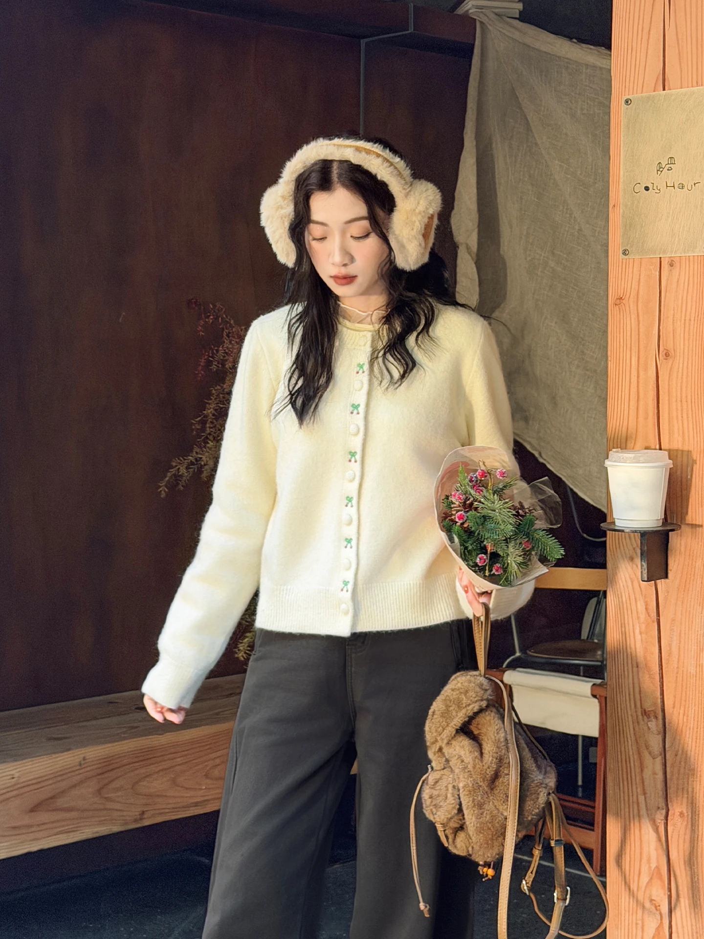 

Вязаный кардиган свободного кроя с узором «вишня», мягкий и удобный, для повседневной носки, цвет мандарин, универсальный, без застежки