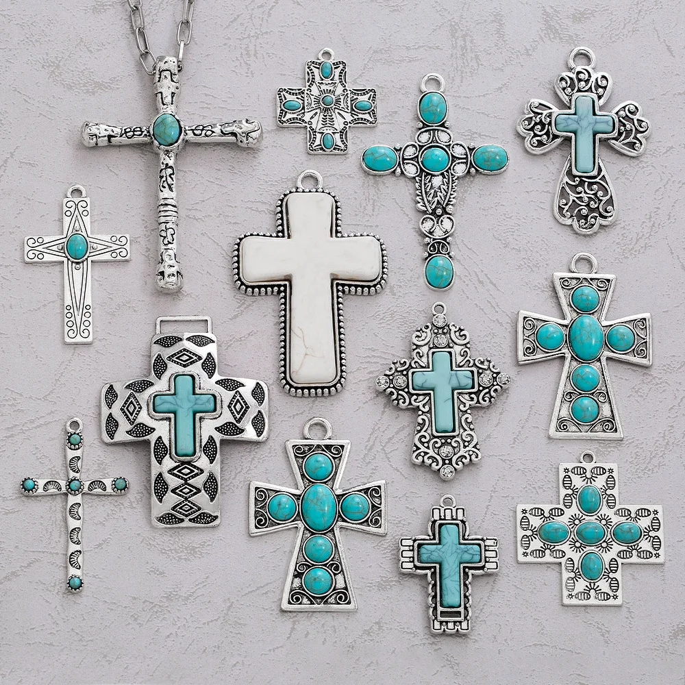 십자가 펜던트, 보헤미안 청록색 목걸이 펜던트, DIY 합금 주얼리, 의류 액세서리