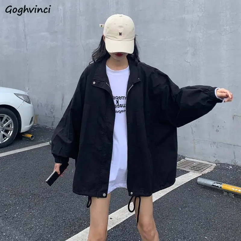 

Women Basic Jackets Solid Drawstrings Thin Harajuku Ulzzang 2XL Leisure Streetwear Chic Zipper Outwear All-match Design Retro