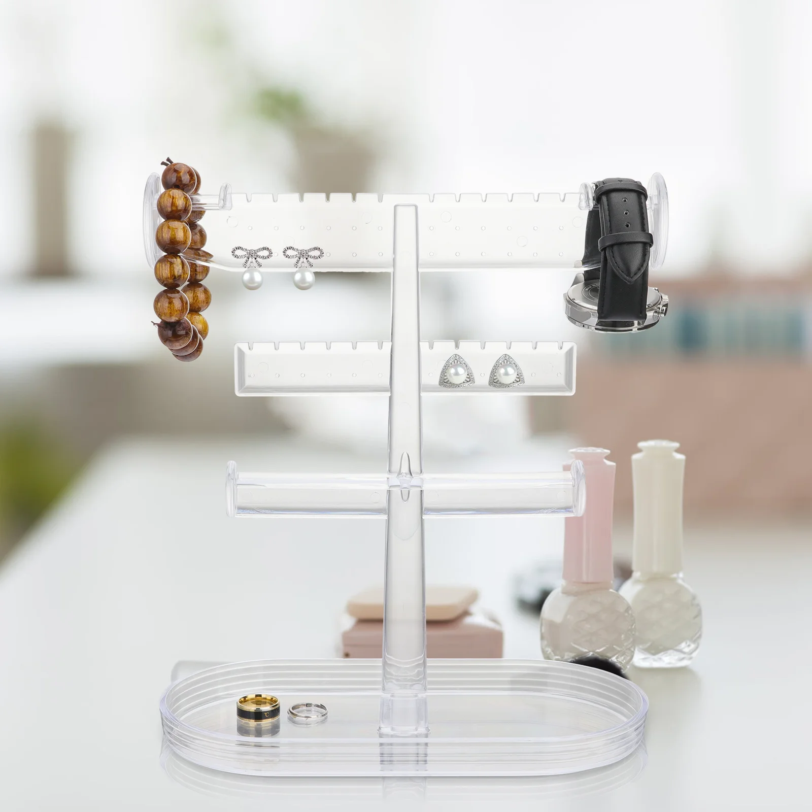 Creative Jewelry Stand 3 Tier Durable Plastic Tower Organizer with Storage Base Practical Jewelry Holder for Desk