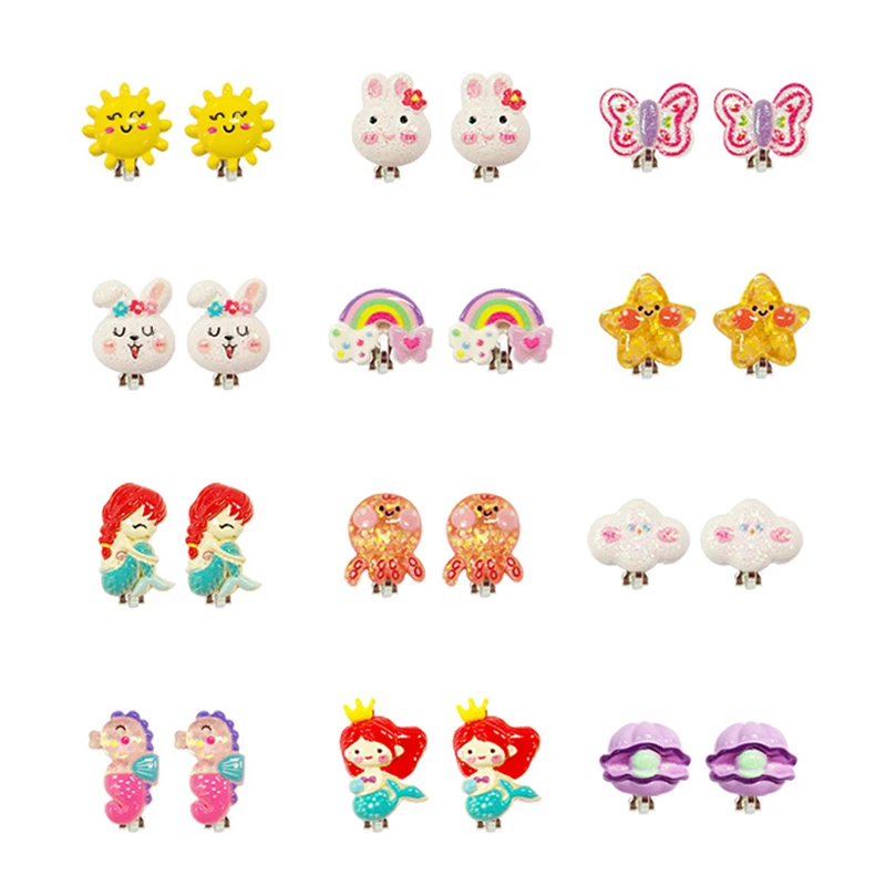 12PRS Mixed Resin Clip On Earring for Kids Children Non Piercing Cute Unicorn Panda Mermaid Earring Set