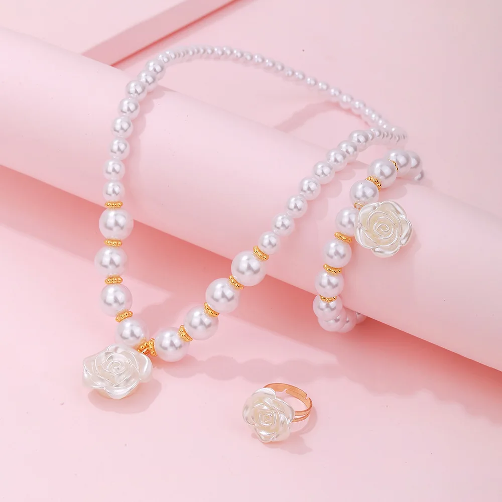 3pcs Set Cute Sweet Pearl Beaded White Camellia Flower Necklace Bracelet Ring for Women Girls Charm Children Jewelry Set Gift