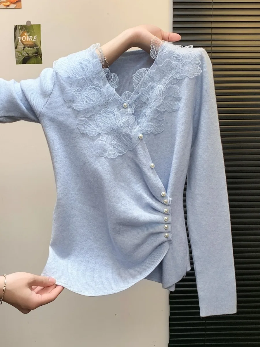 Ele Long Sve Lace V-Ne تريكو المرأة الخريف الشتاء جديد Sle قاعدة طبقة ملابس داخلية سترة تخفيف الكورية Sle S...