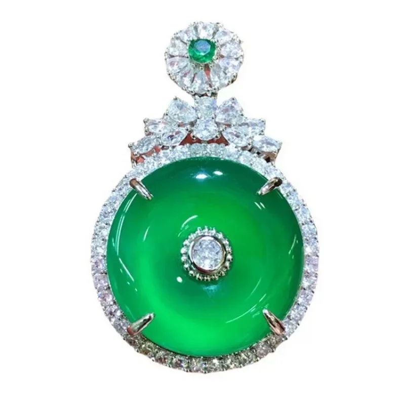 Natural Green Chalcedony Safety Buckle Pendant with Jade Agate Pendant Inlaid with Pendant