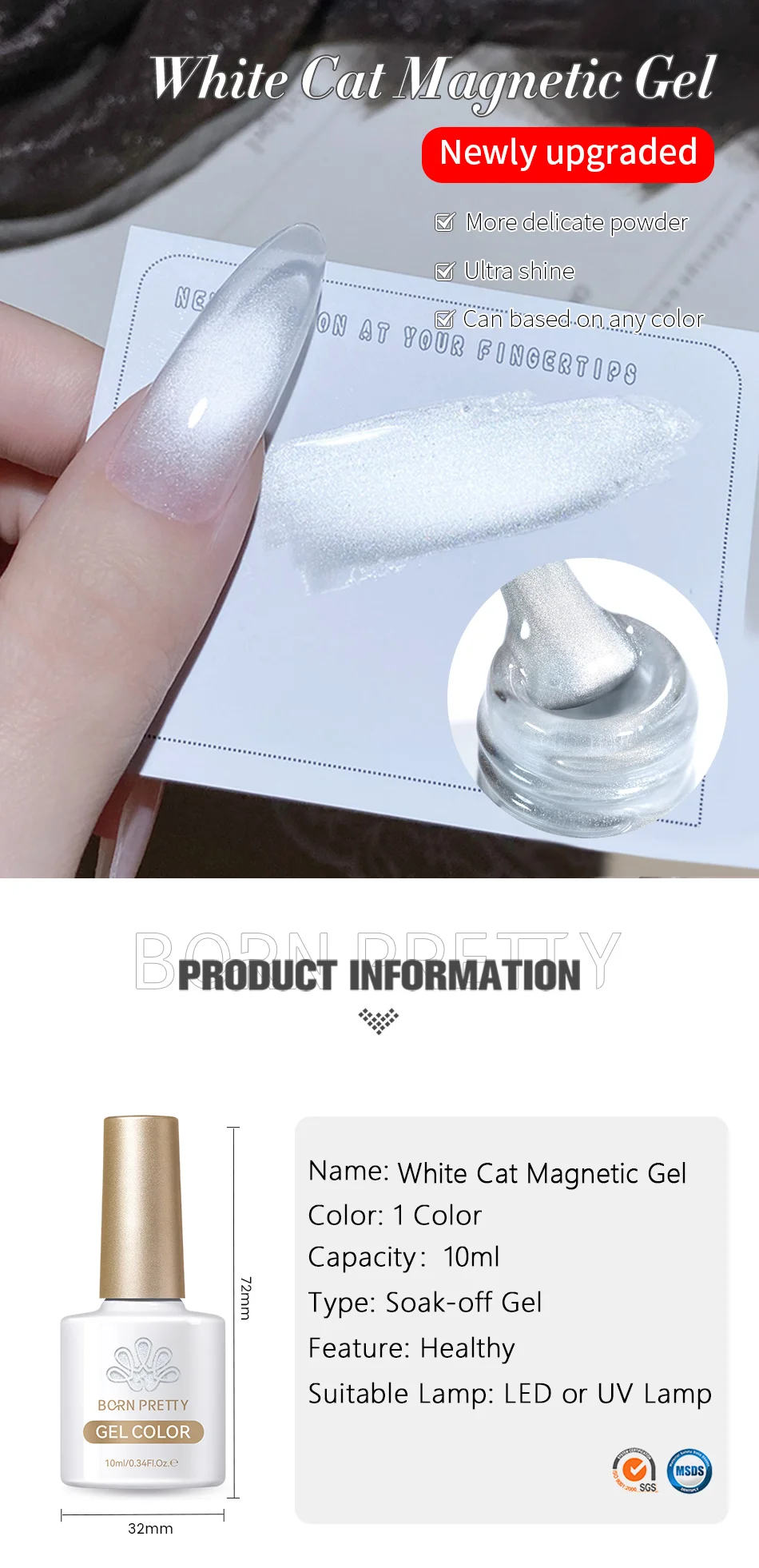 BORN PRETTY 10ml Flow Light Weißer Katzenaugen-Magnetgel-Nagellack Ultra-Glanz Soak-Off UV-Gel Spiegel-Glasperlen-Gel Nagelkunst – Detail 7