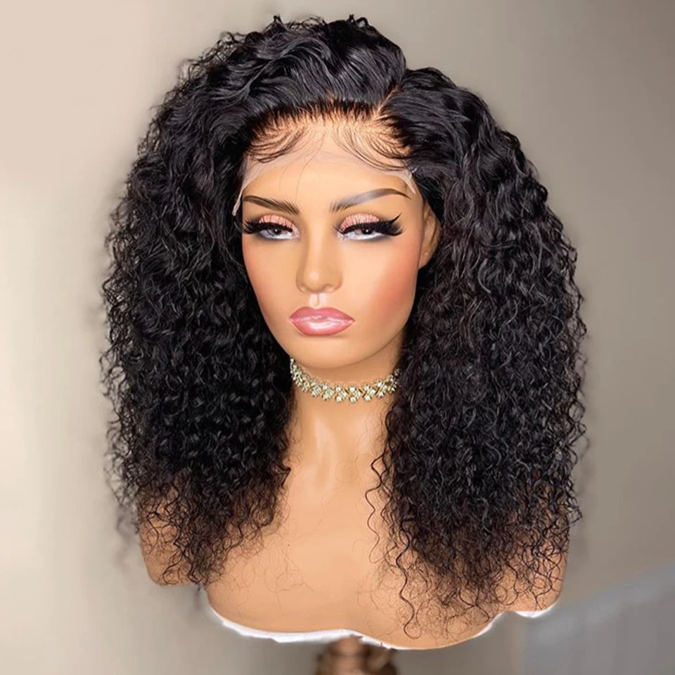 Peluca rizada de encaje frontal para mujer, pelo de bebé, suave, 180de densidad, 26 ", largo, negro Natural, prearrancado, resistente al calor, sin pegamento, diario