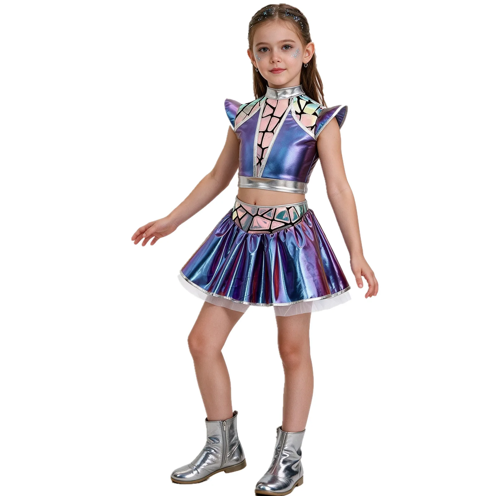 Girls Metallic Shiny Alien Robot Costume Jazz Dance Outfit Crop Top with Tutu Skirt Built-in Briefs for Halloween Performance