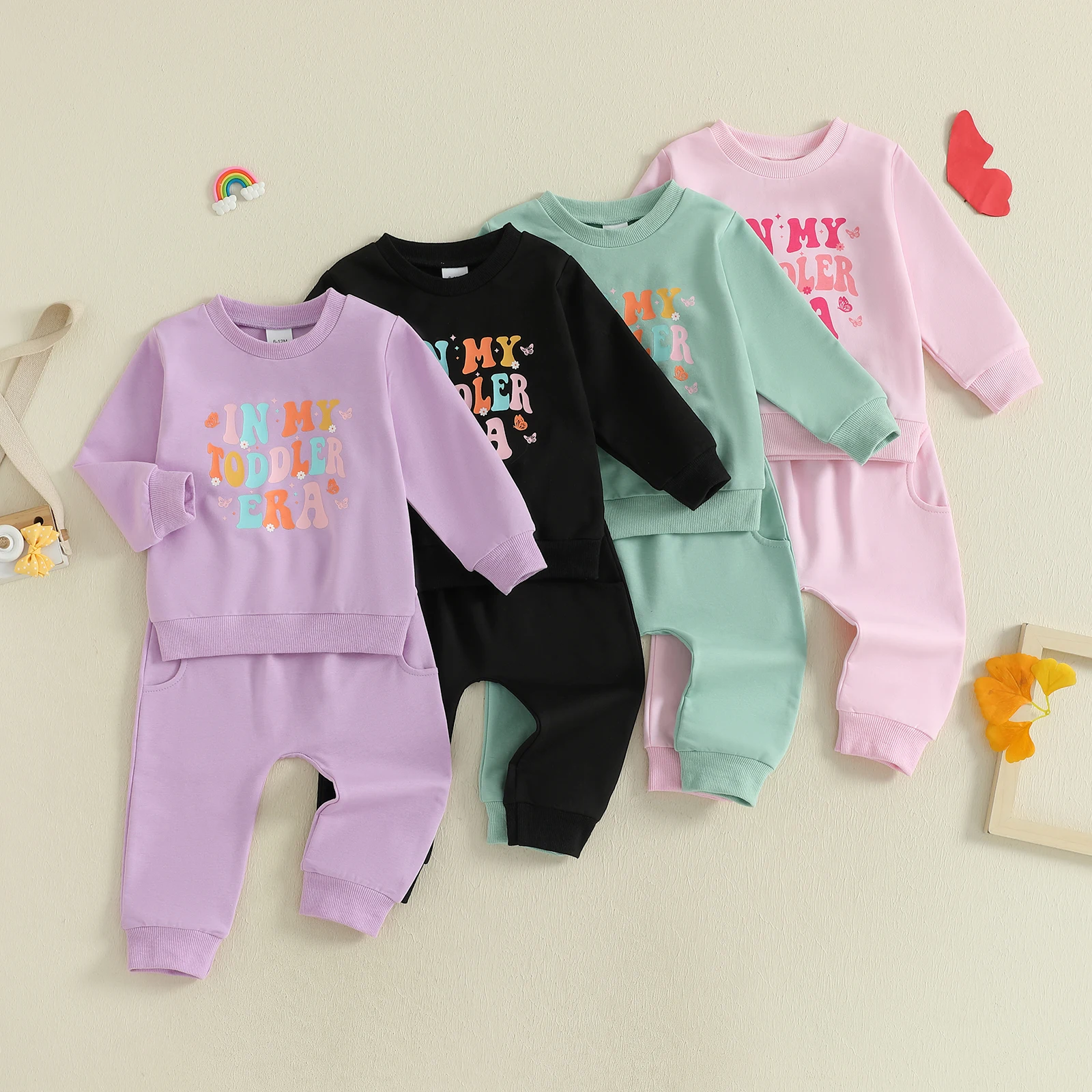 

2025-05-06 Lioraitiin Toddler Baby Girl Fall Clothes Letter Floral Print Long Sleeve Pullover Elastic Waist Pants 2Pcs Outfit