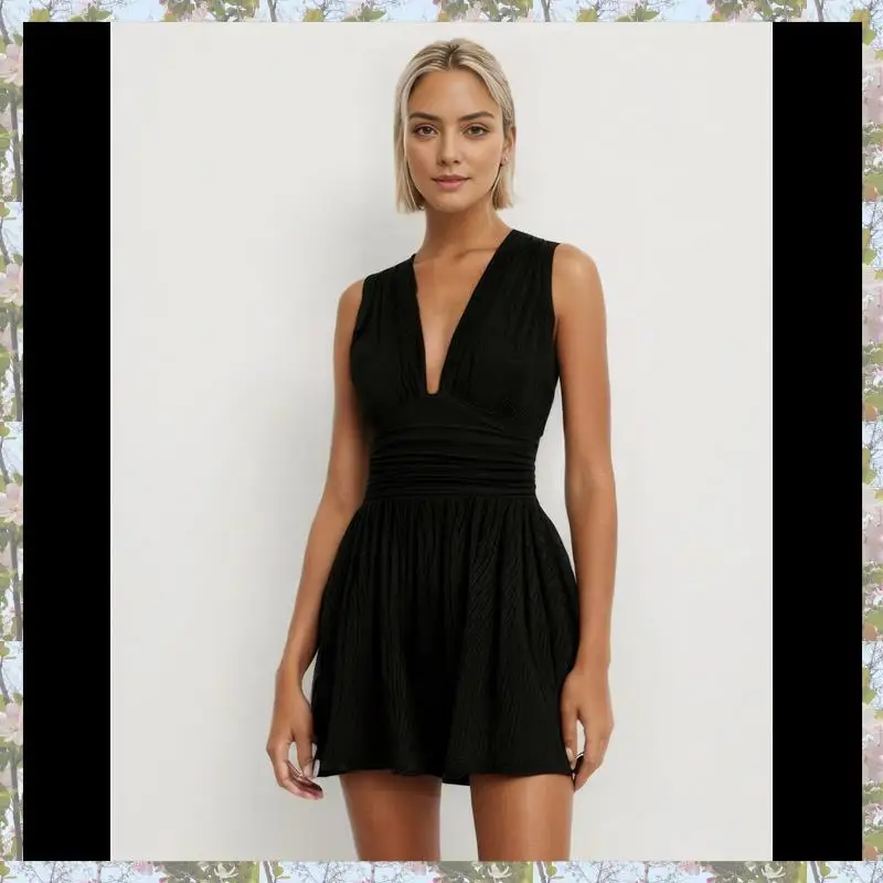 

Eco-Friendly-Womens Deep V Neck Wrinkles Jumpsuit Tie Sexy- Plunge Concert Mini Outfit