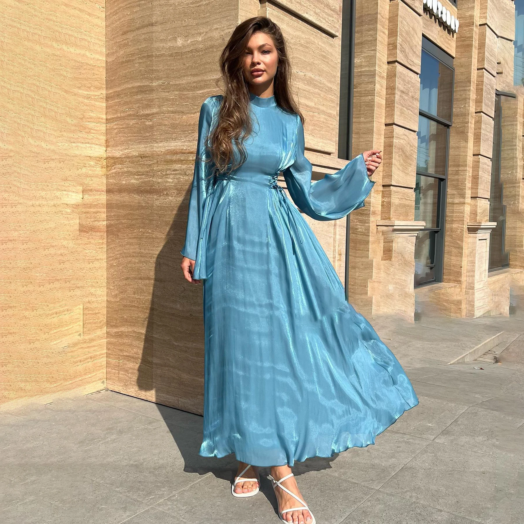 OEING High Luxury Formal Evening Dress Satin Blue Pleat Long Sleeves فساتين سهرة  Ankle Length Elegant Prom Growns Party Women