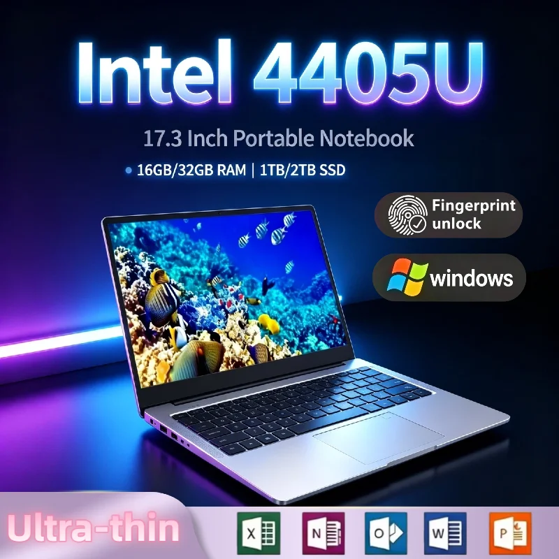 17.3 Inch Intel Pentium 4405U Laptop 16GB RAM 2TB SSD Fingerprint Unlock Full Size Gaming Work High Performance Pro