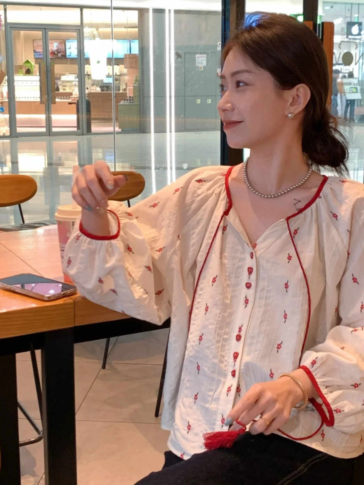 

Comfortable Korean Sle Women's irt Summer New Sle Dongdaemun Little Red Flower Lace Trim Floral Print Long Sve V-Ne