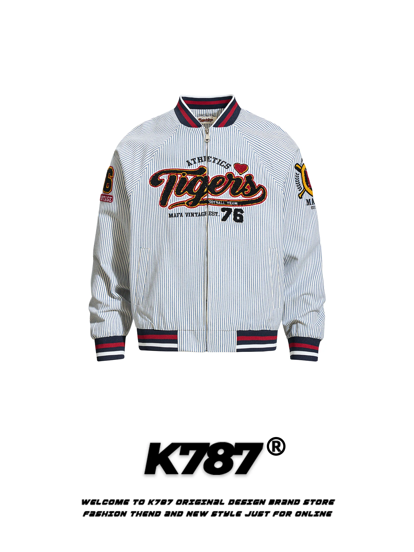 

K787 American Retro Letter Embroidery Striped Stand Collar Jaet Loose Casual ex Spring Autumn Season Outerwear