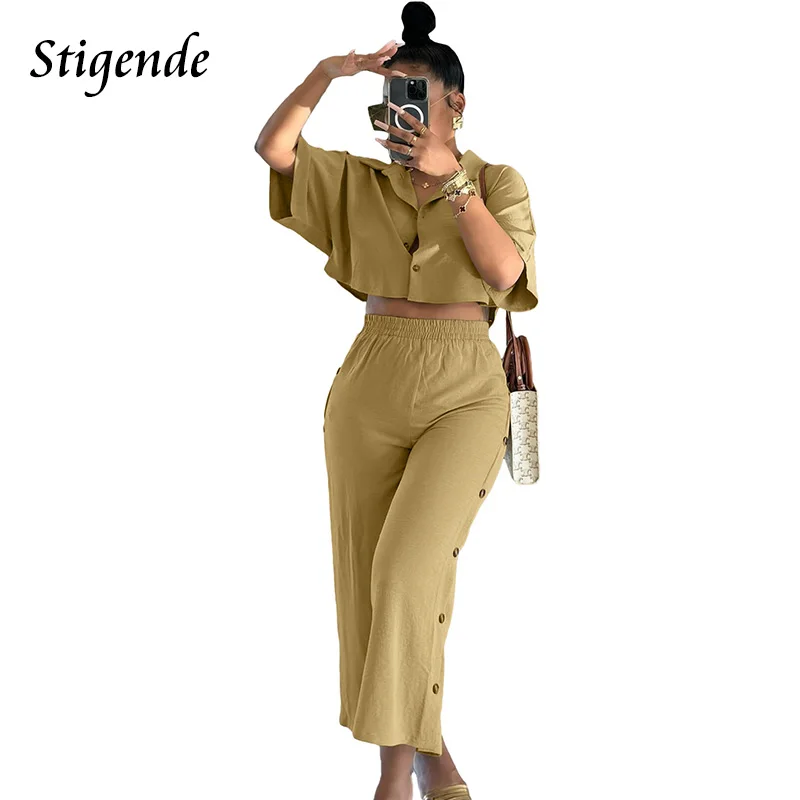 Stigende Loose Fit Two Piece Outfits Set Women Turn Down Collar Button Crop Top Shirts Breasted Wide Leg Pants