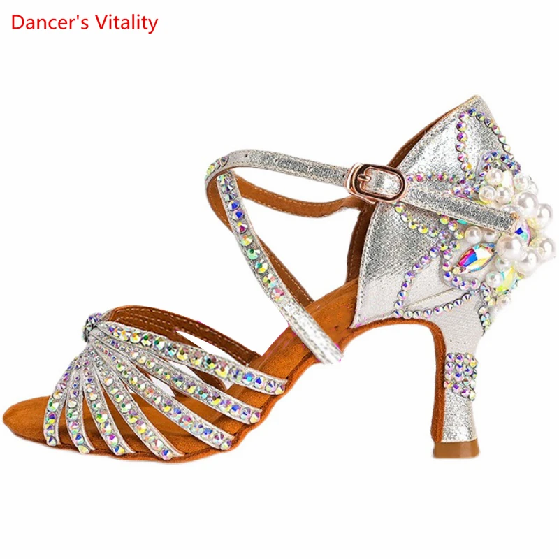 Latin Dance Shoes Female Adult Soft Sole with National Standard Professional Dance Shoes Diamond-studded Latin Shoes