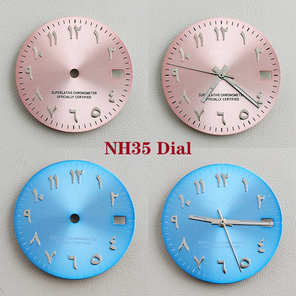 Aço inoxidável Conconvexo Dial árabe, rosa, nenhum mostrador luminoso, prata Assista Acessórios, 28,5mm, NH35