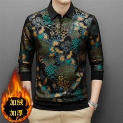 Vintage Casual Leopard Print Elastic Long Sleeve Polo Shirts Men Winter Quality Velvet Thick Warm Fashion Luxury Camisetas M-4XL