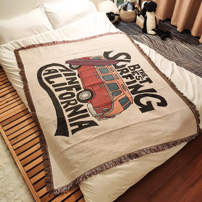 

Vintage California Surfing Woven Throw Blanket Tassel Fringe Soft Cozy Picnic Mat for Outdoor Camping Couch Sofa Bed Home Decor