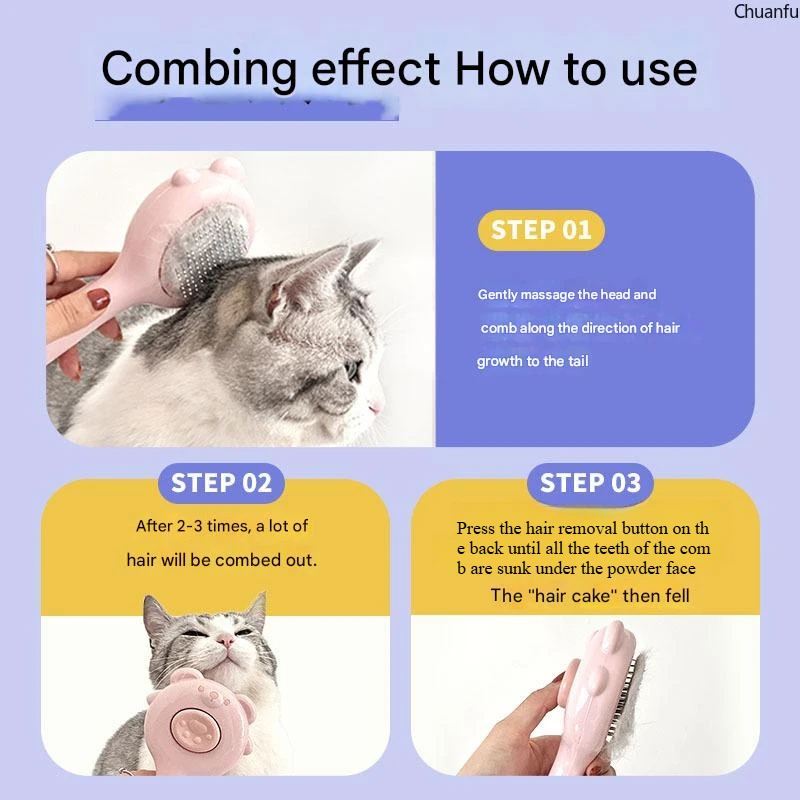 Bear Massage Deshedding Brush for Cat Dog, 1-Key Self Cleaning, 140° Curved Teeth, Anti Static, SPA Grooming Tool