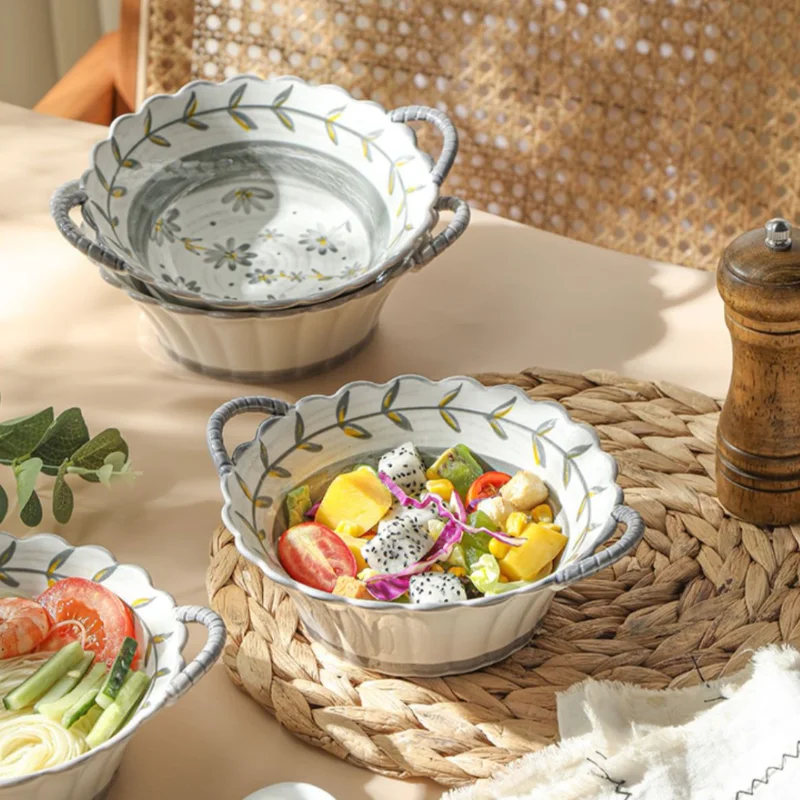 6.8Inch Hand-Painted Household Noodle Bowl Ceramic Soup Bowl Japanese Salad Pasta Bowl with Handle Kitchen Tableware